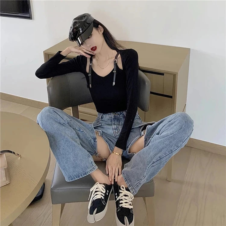 Women Straight Leg Ripped Jeans For Women Fashion Loose Hole Streetwear Women High Waist Pants Hole Denim Trousers