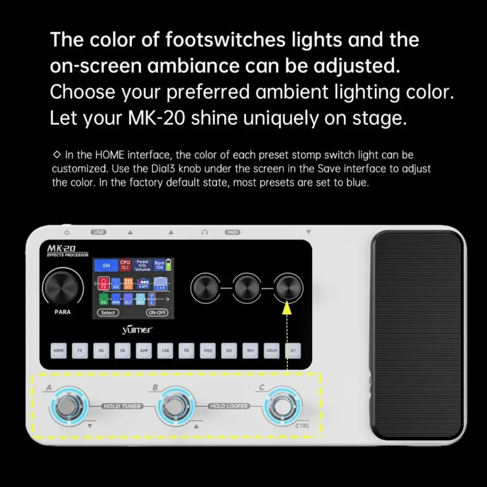Yuimer MK-20 Multi-Effects Processor Pedal with Drum Machine, Tuner, and Looper Pedal USB Audio/for Guitar/Bass