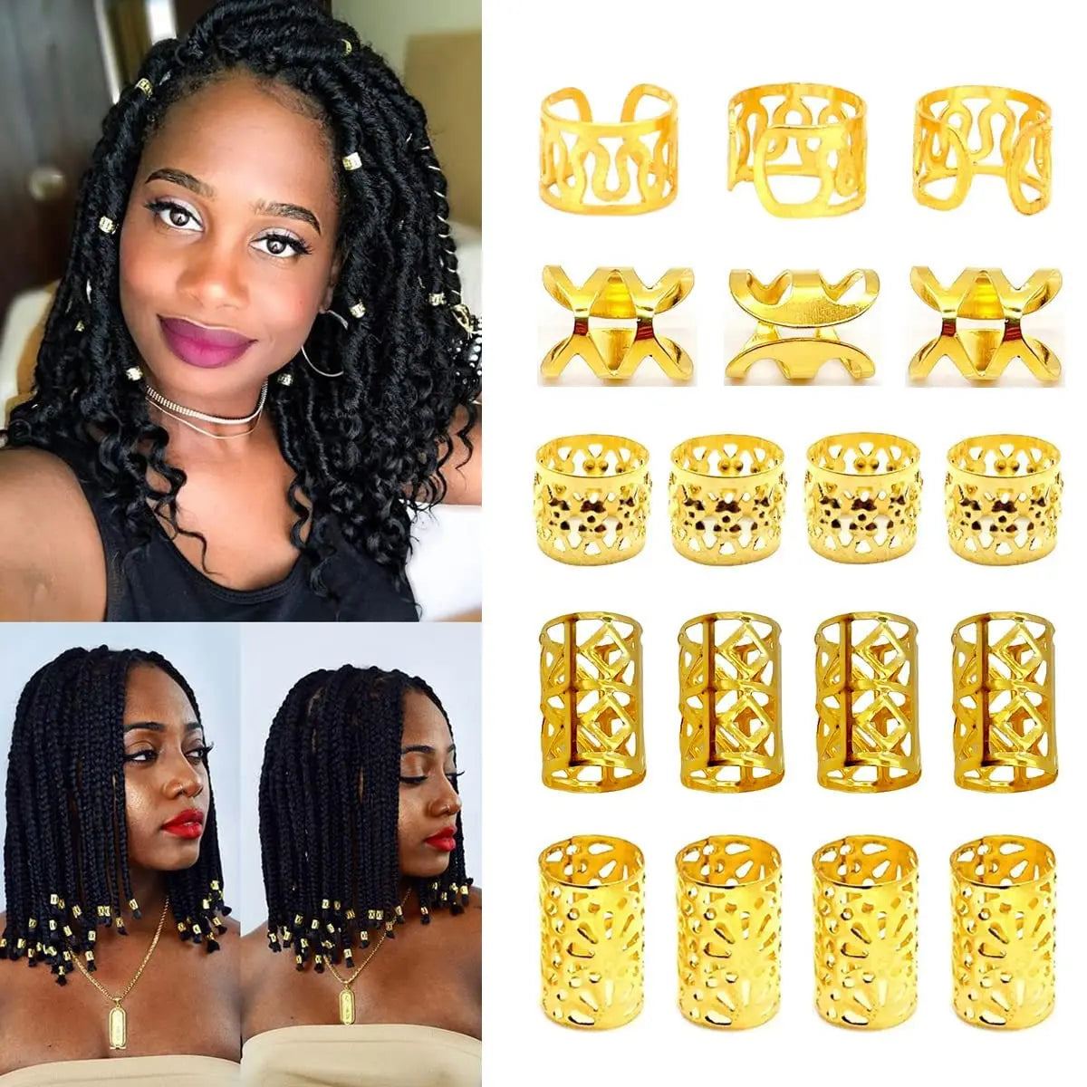 100Pcs Women Girls Dreadlocks Beads Hair Rings Braids Clips Metal Golden and Silver Hair Cuffs Hair Decoration Accessories