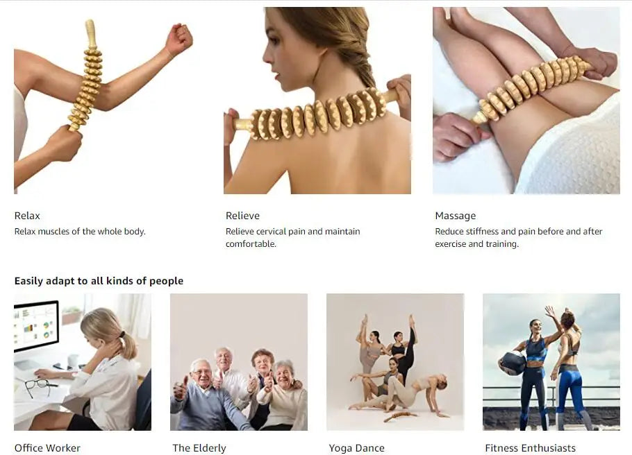 Body Fascia Massager Anti-slip Handle Wood Grooved Gear Arms Legs Thighs Buttocks Smooth Roller Massager for Back Relaxation