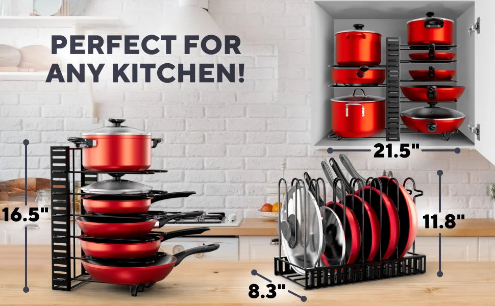 Pot Rack Organizer, 8 Tier Pots and Pans Organizer for Kitchen Organization & Storage, Adjustable Pot Lid Holders & Pan Rack