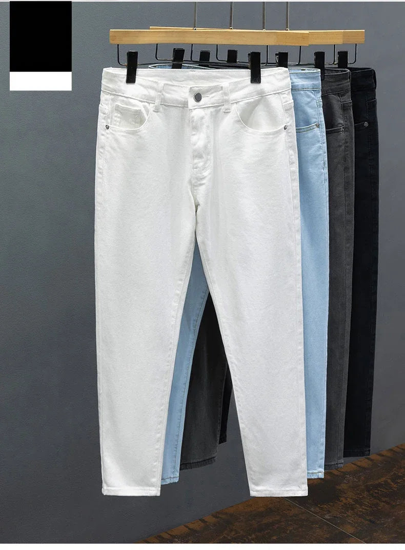 Slim Fit Men's Jeans Spring Summer Thin Cotton Soft Elastic Trendy Ankle Length Pants Straight Korean Simple Denim Trousers
